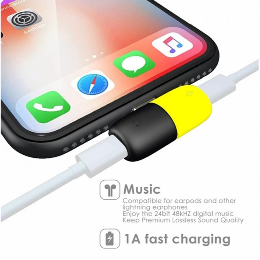 محول موزع | مقسم ايفون الى سماعة و شاحن اصفر/اسود Lightning Splitter 2 in 1