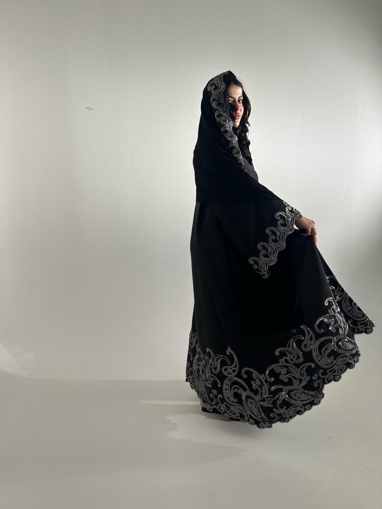 BLACK ABAYA WITH elegant grey sequin
