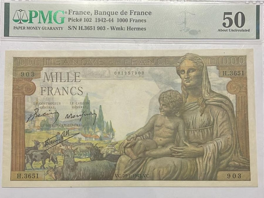 1000 فرنك فرنسا اصدار 1942 م حجم كبير مقيم PMG-50