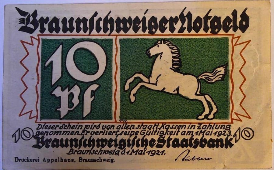 10 بفنج المانيا اصدار الطوارئ جولد نوت اصدار صغير 1923 انسر