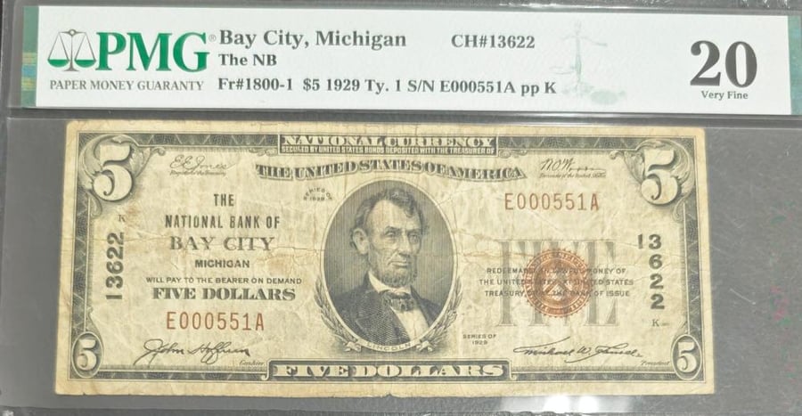 5 دولار امريكي اصدار 1929 م الختم الاحمر شحيح جدا مقيم PMG-20