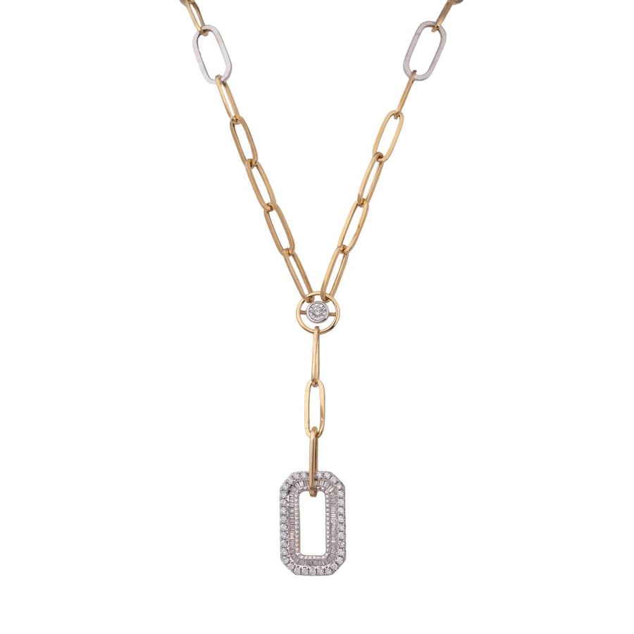 Diamond necklace with round and  baguette cut diamonds, with designed in yellow gold