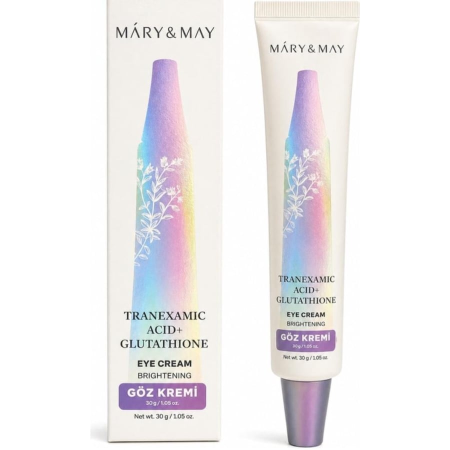 Mary&May Tranexamic Acid + Glutathione Eye Cream، وهو كريم محيط العين بتركيز 1,000ppm من الترانكساميك أسيد و1,000ppm غلوتاثيون، ومخصص خصوصًا للتصبغات والهالات.