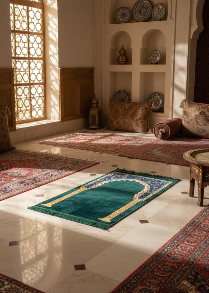 سجادة صلاة أخضر زيتي بتصميم محراب وزخارف إسلامية ذهبية مع شراشيب