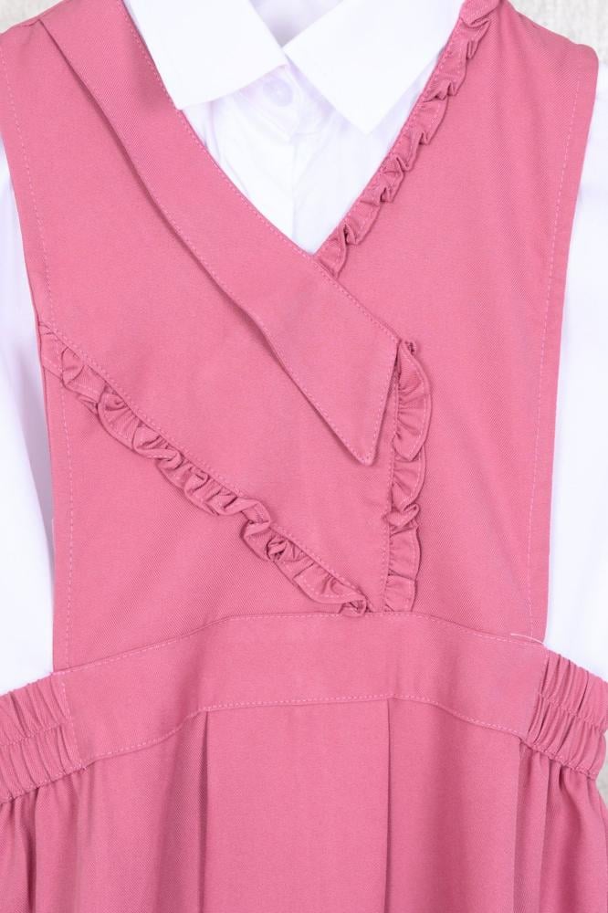 Girls' pink apron set for elementary with a white shirt