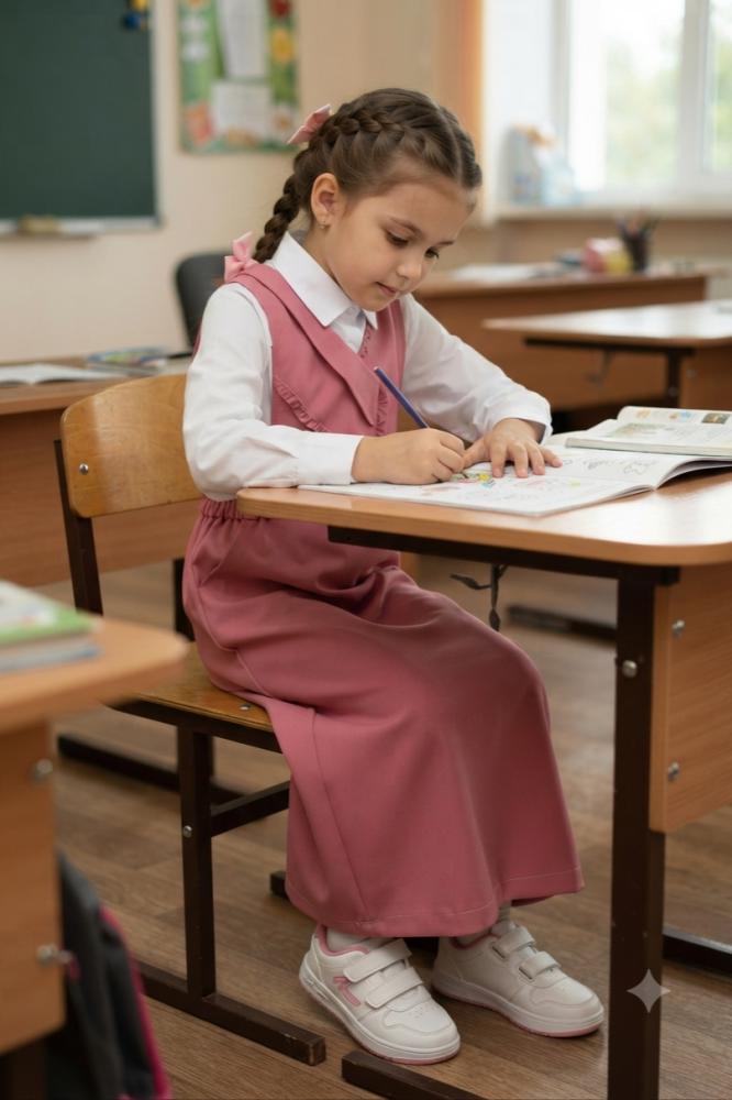 Girls' pink apron set for elementary with a white shirt