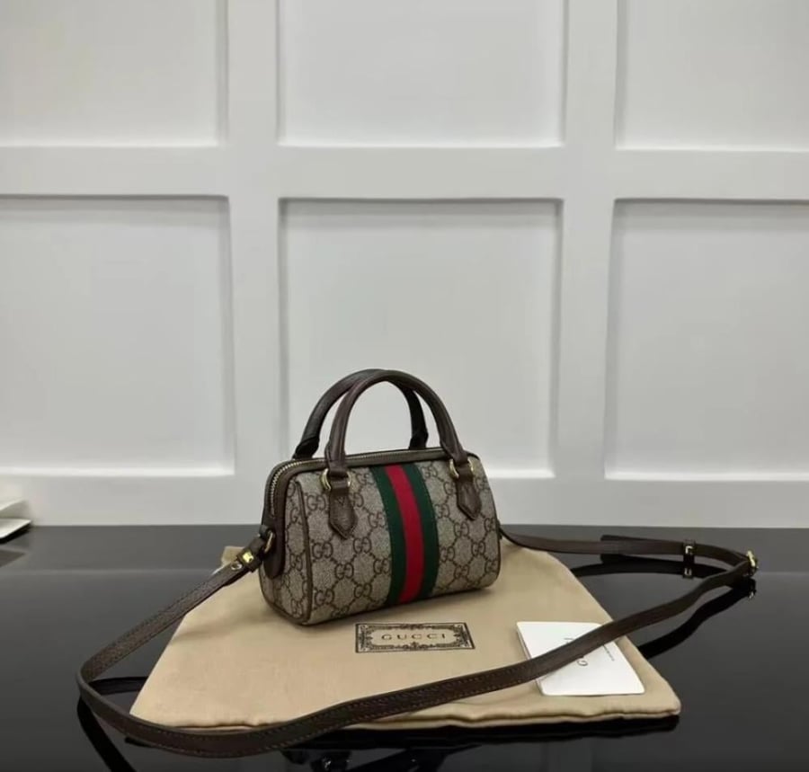 Gucci Ophidia Mini Boston Bag in beige and brown GG fabric