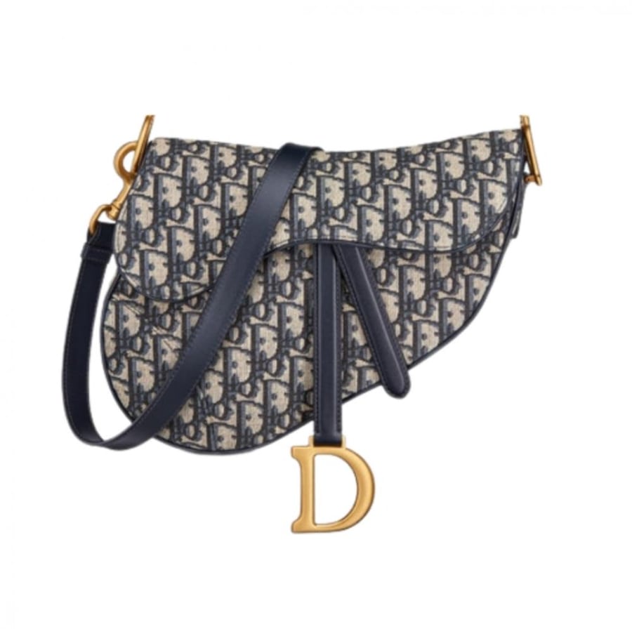 Dior Navy Blue Oblique Canvas and Leather Saddle Bag