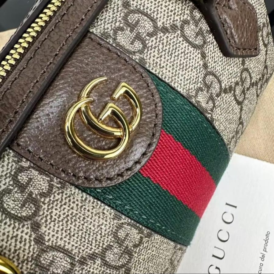 Gucci Ophidia Mini Boston Bag in beige and brown GG fabric