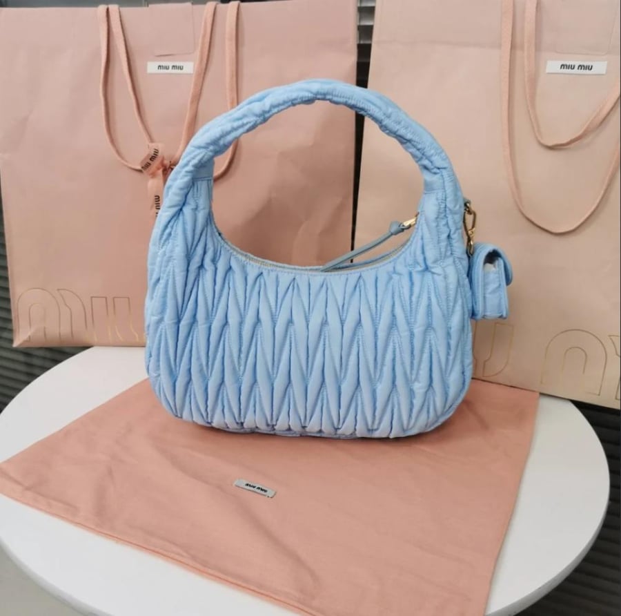 Miu Miu Wander Matelassé Regenerated Nylon Hobo Bag in Astral Blue