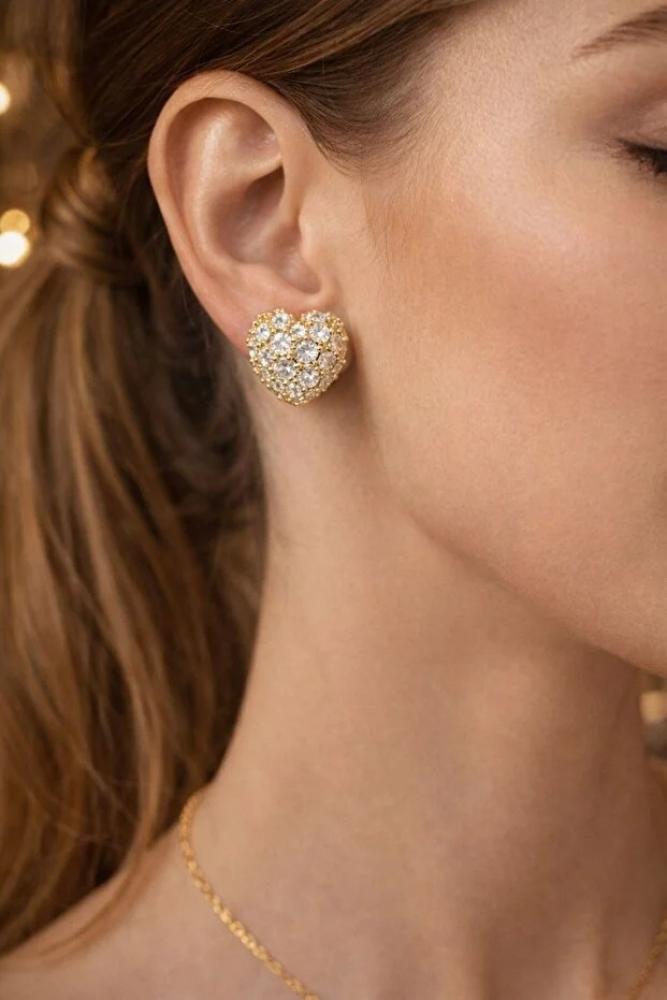 Accessories أقراط هاي الفاخرة على شكل قلب متألق - إكسسوارات ذهبية للنساء