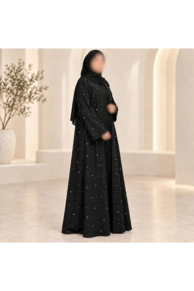 Generic Brand عباءة نسائية سوداء مزدوجة الطبقات مفتوحة من الأمام مزينة باللؤلؤ والأحجار الكريستالية، تشمل حجابًا