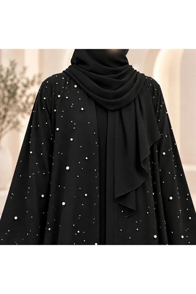 Generic Brand عباءة نسائية سوداء مزدوجة الطبقات مفتوحة من الأمام مزينة باللؤلؤ والأحجار الكريستالية، تشمل حجابًا