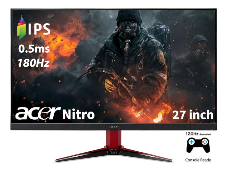 شاشة كمبيوتر الألعاب ايسر نيترو VG270 مقاس 27 بوصة فل اتش دي HDR10 ،1920x1080، تقنية العرض IPS، معدل التحديث 180 هيرتز، سرعة الاستجابة 0.5 ملي ثانية، تقنية المزامنة AMD فري سينك بريميوم، تدعم Xbox X / PS5، زيرو فريم، سماعات صوت داخلية - اسود