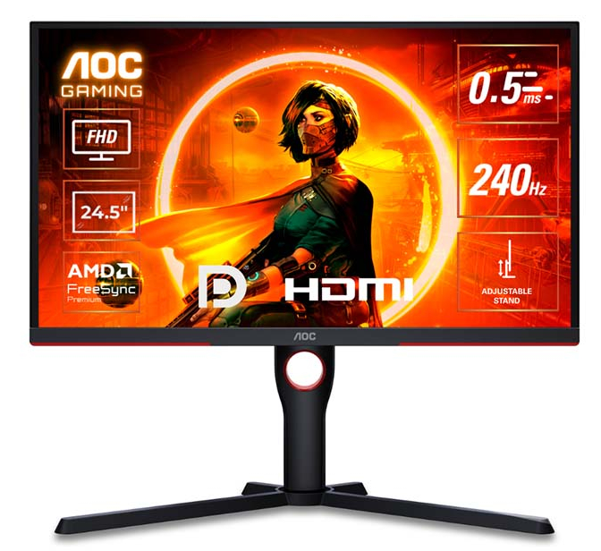 شاشة كمبيوتر الألعاب 25G3ZM AOC بمقاس 24.5 بوصة فل اتش دي 1920X1080، تقنية العرض VA، معدل التحديث 240 هيرتز، سرعة الاستجابة 0.5 ملي ثانية، تقنية المزامنة AMD فري سينك بريميوم، تدعم Xbox Series X / PS5 - اسود / احمر
