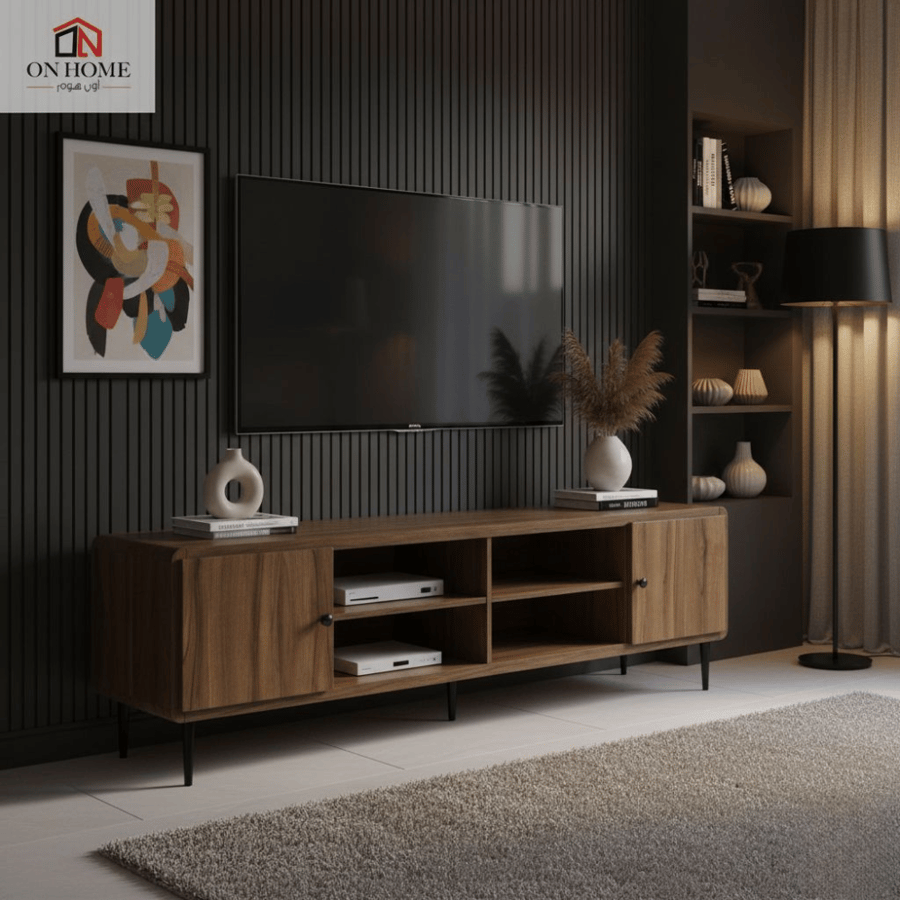 طاولة تلفزيون بيضاء بتصميم أسطواني مضلع وقاعدة مودرن لغرف الجلوس