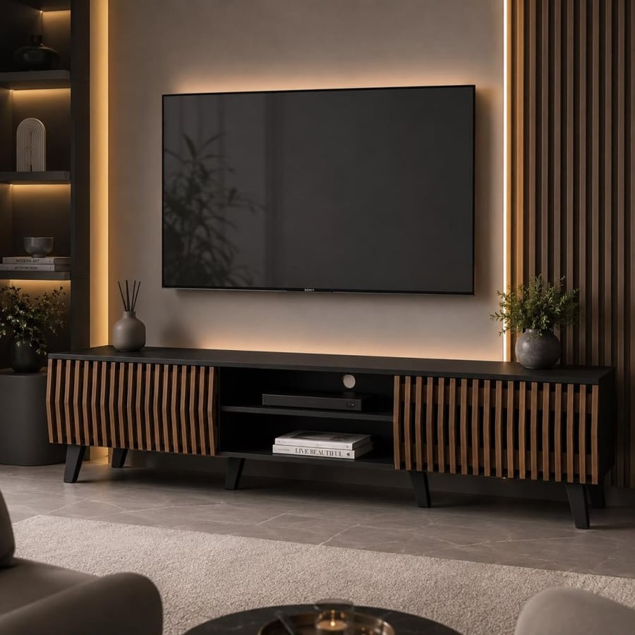 طاولة تلفزيون بتصميم انيق خشب -بني غامق وأسود - 180x40x43.5 سم