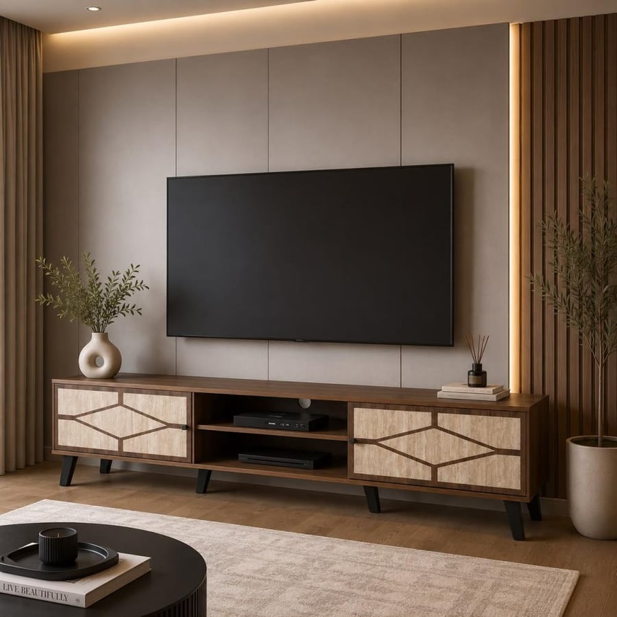 طاولة تلفزيون بتصميم انيق خشب -بني غامق وبيج -  180x40x43.5 سم