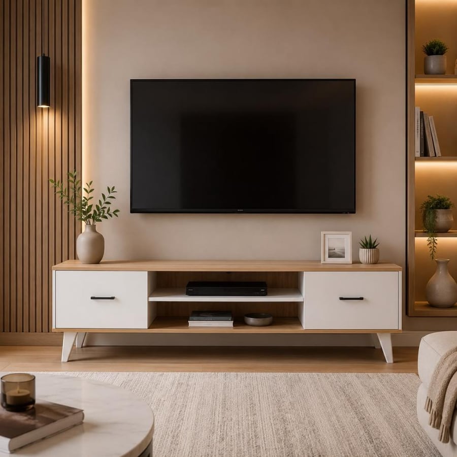 طاولة تلفزيون بتصميم انيق خشب -خشبي وأبيض- 163x40x45 سم