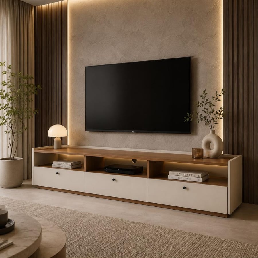 طاولة تلفزيون بتصميم انيق خشب -خشبي وأبيض- 180x40x40 سم