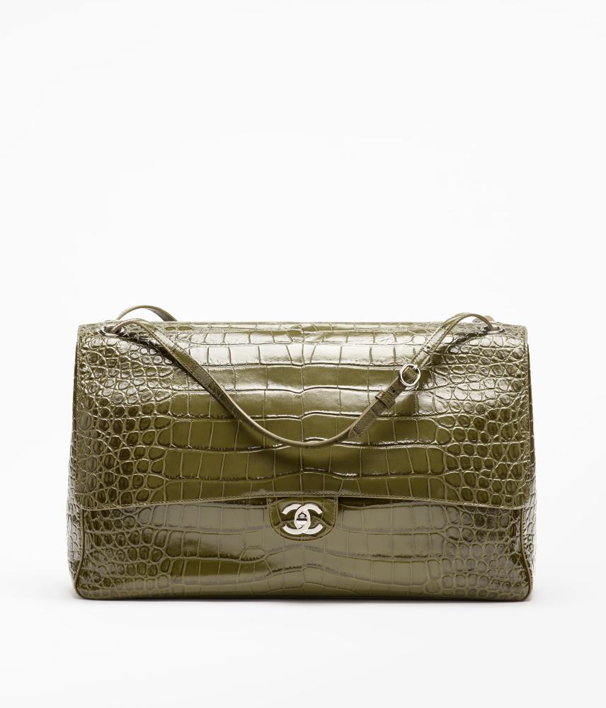 Crocodile Embossed Calfskin & Silver-Tone Metal  كاكي
