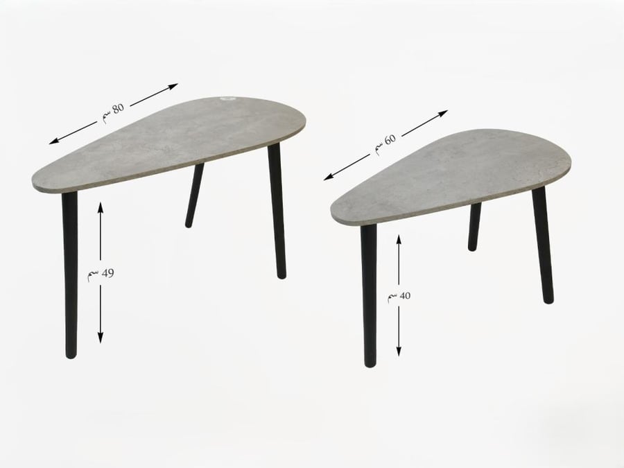 Wooden table set, triangular, two pieces, with black metal bases
