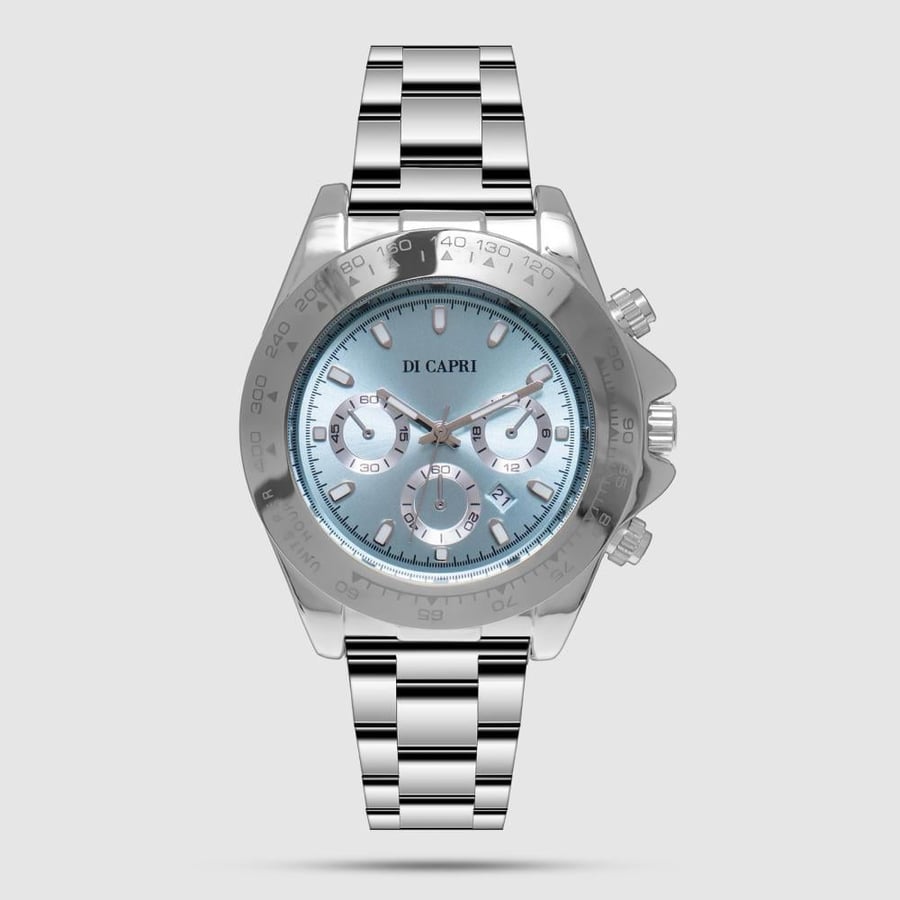 DI CAPRI men's watch elegant with sky blue face and shiny silver bracelet