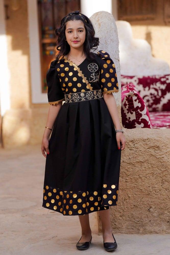 Foundation Day dress for girls with a belt and polka dot fabric