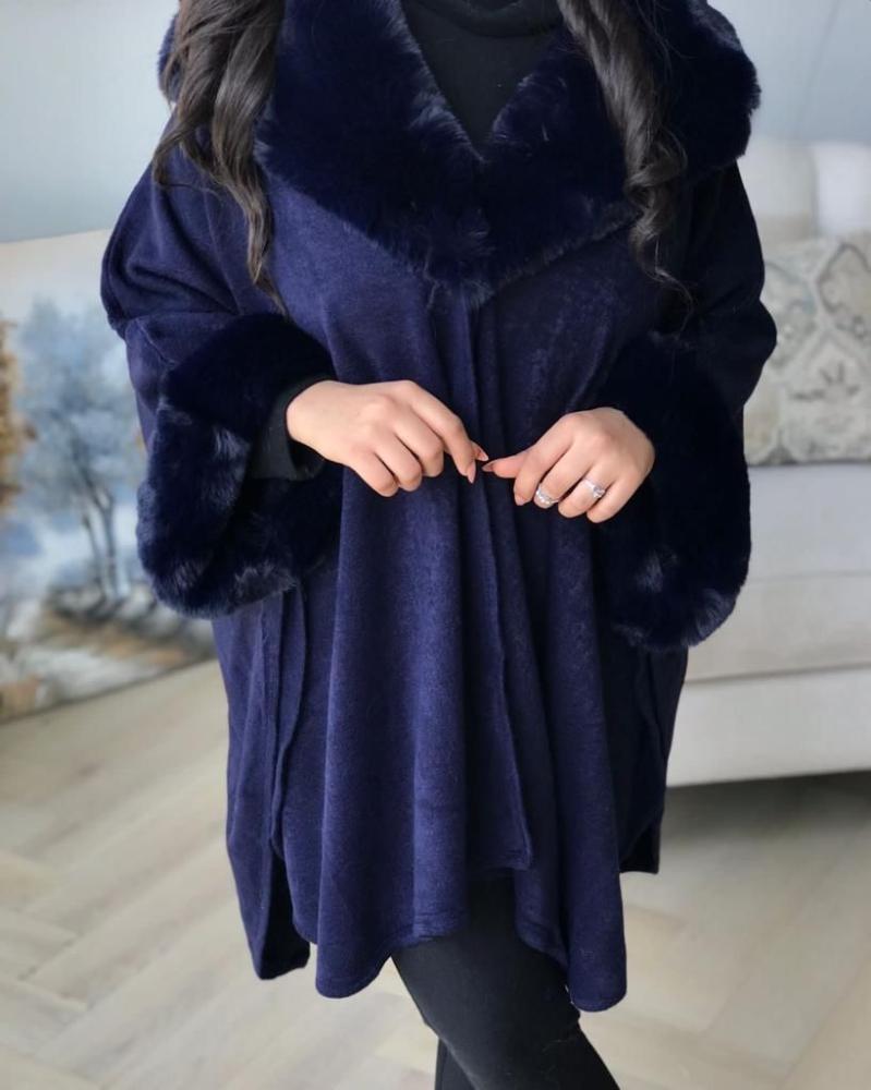 Women's winter shawl navy blue with fur