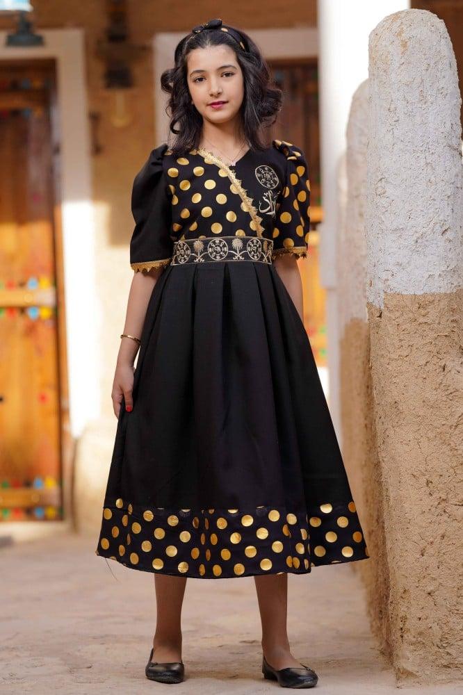 Foundation Day dress for girls with a belt and polka dot fabric