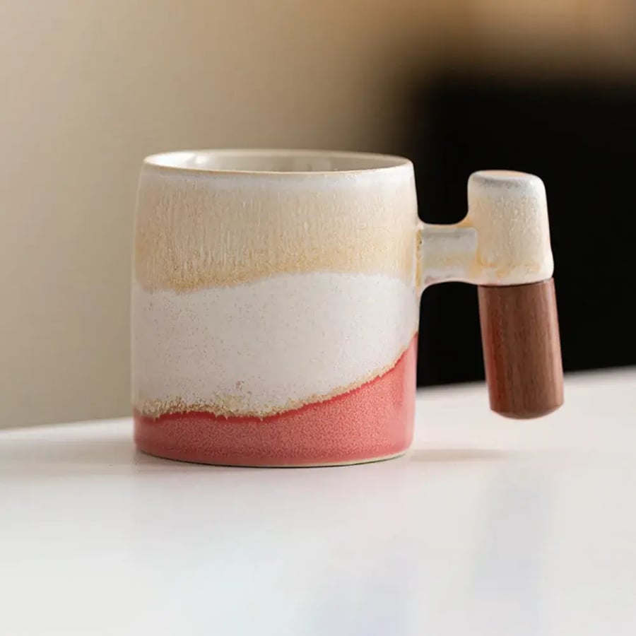 كوب سيراميك يدوي 70ML بمقبض خشبي