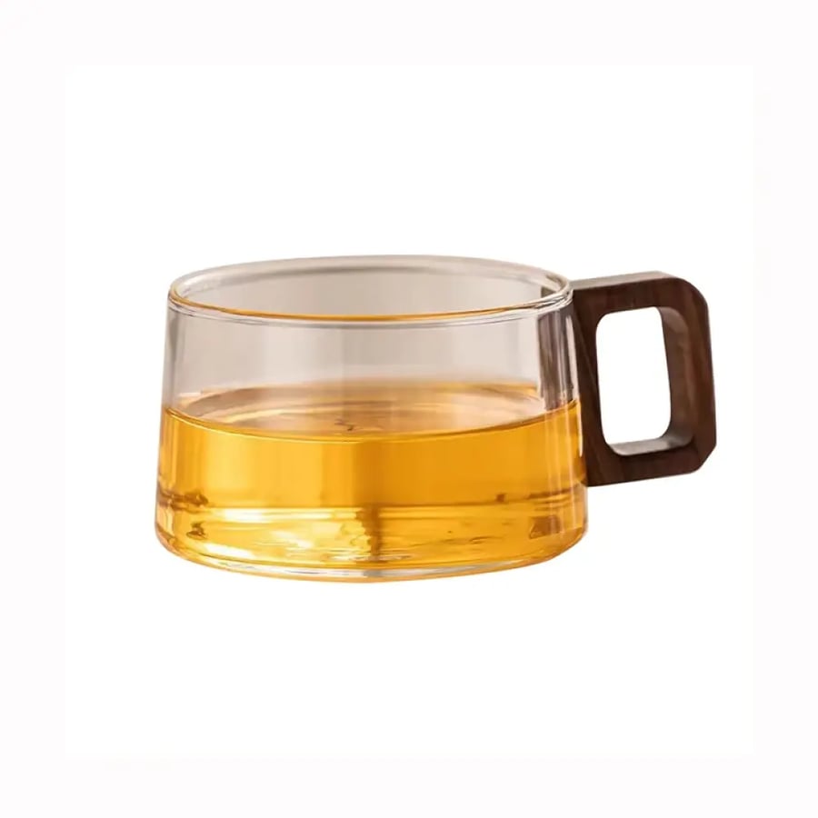 كوب قهوة زجاجي 200ML مع صحن خشبي وملعقة
