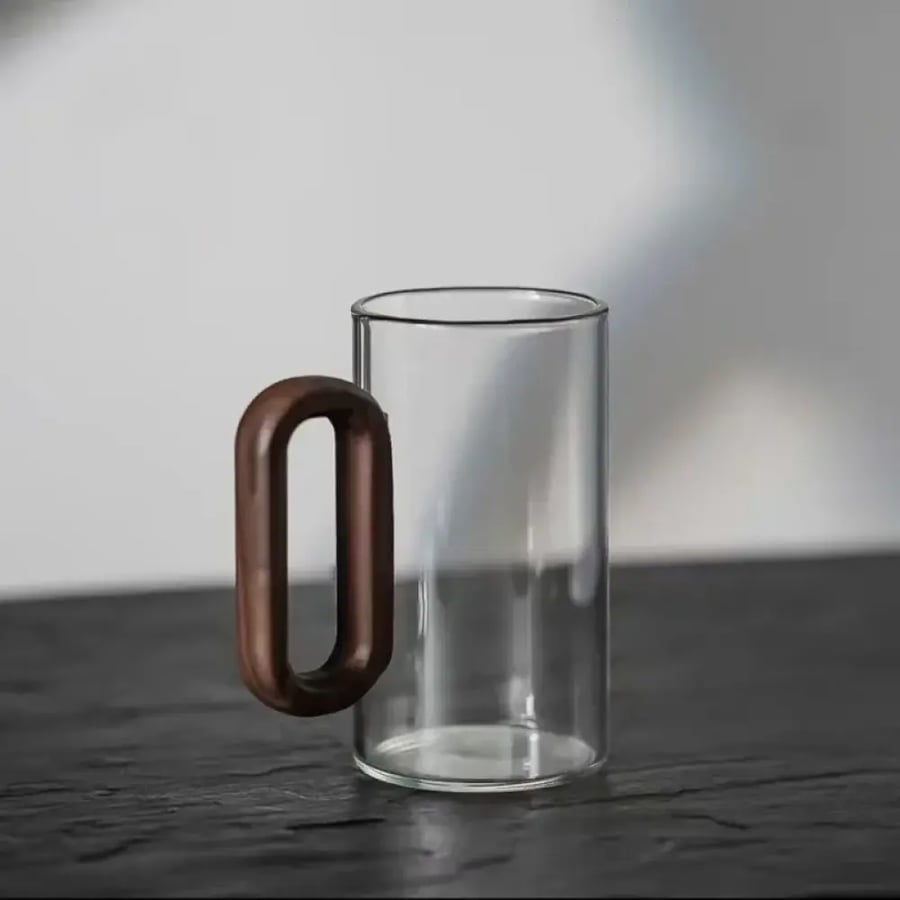 كوب شاي زجاجي 360ML بمقبض خشبي