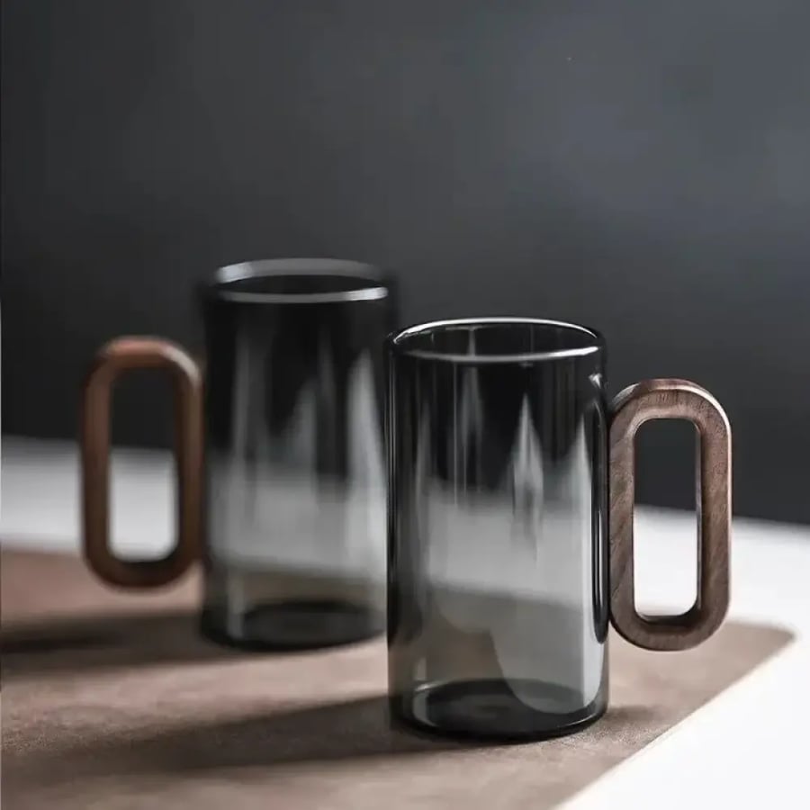 كوب شاي زجاجي 360ML بمقبض خشبي