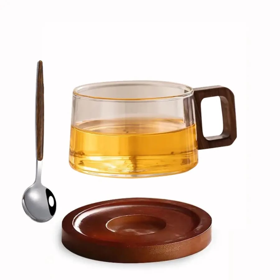 كوب قهوة زجاجي 200ML مع صحن خشبي وملعقة