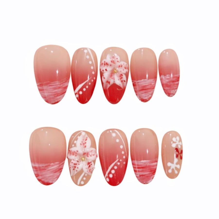 Red Floral Press-On Nails
