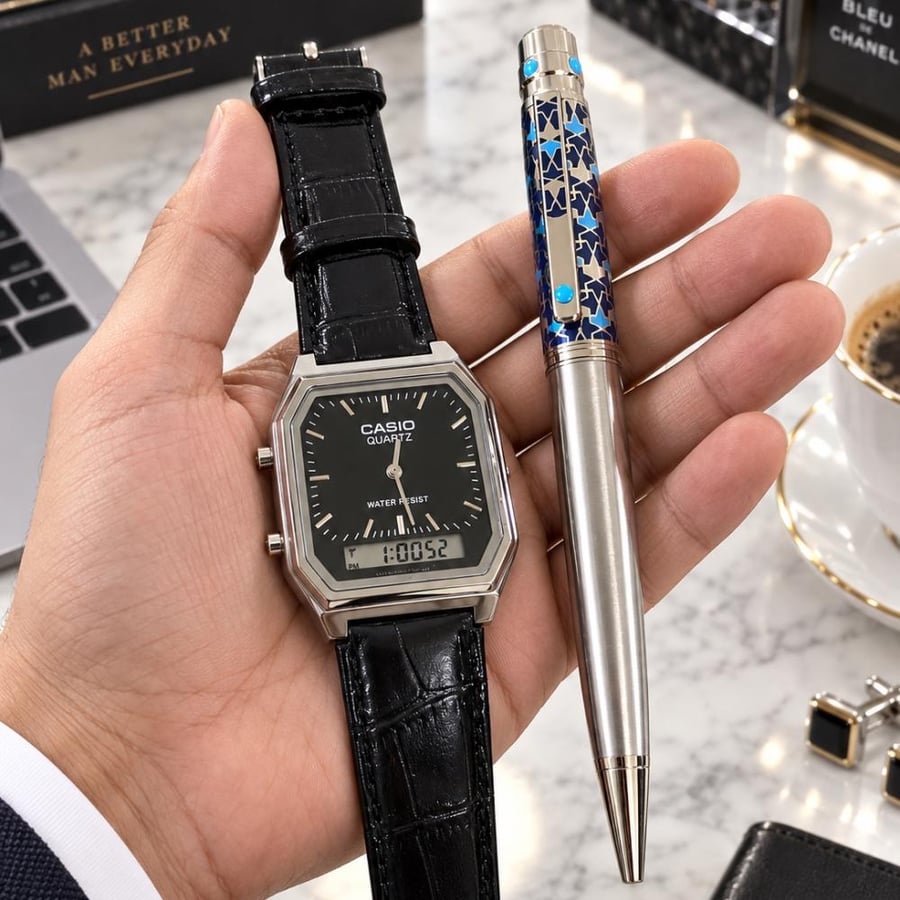 ساعة كاسيو جلد CASIO VINTAGE مع قلم هدية