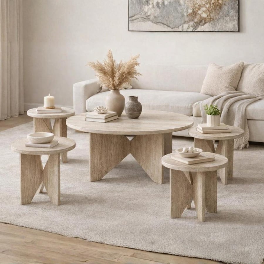 طقم طاولات 5 قطع بتصميم أنيق ولون بيج رائع stone color