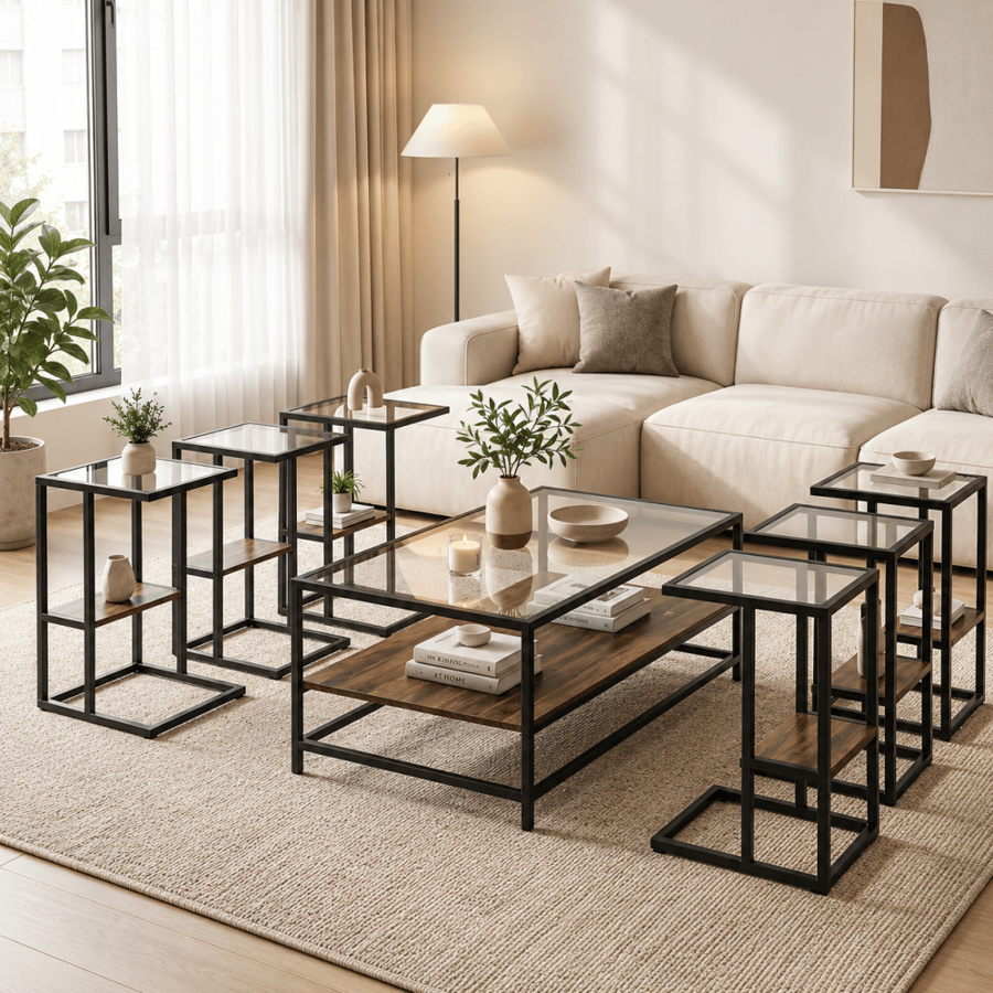 طقم طاولات زجاج بتصميم عصري - 7 قطع