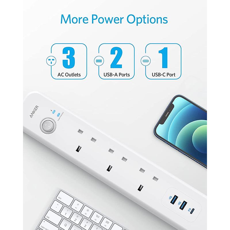 انكر باور اكستند توصيلة بـ 3 مخارج كهرباء ومخرجين USB ومخرج PD وبقوة 30 واط - ابيض