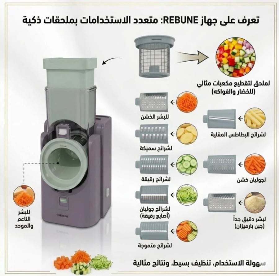قطاعة خضار ريبون كهربائية لتقطيع المكعبات والشرائح مع ملحقات