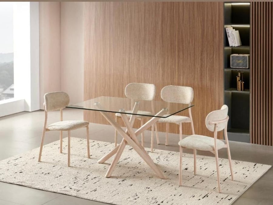 4+1 كراسي بيج طاوله سطح زجاج مستطيل بقواعد ترفرتينو 130*80