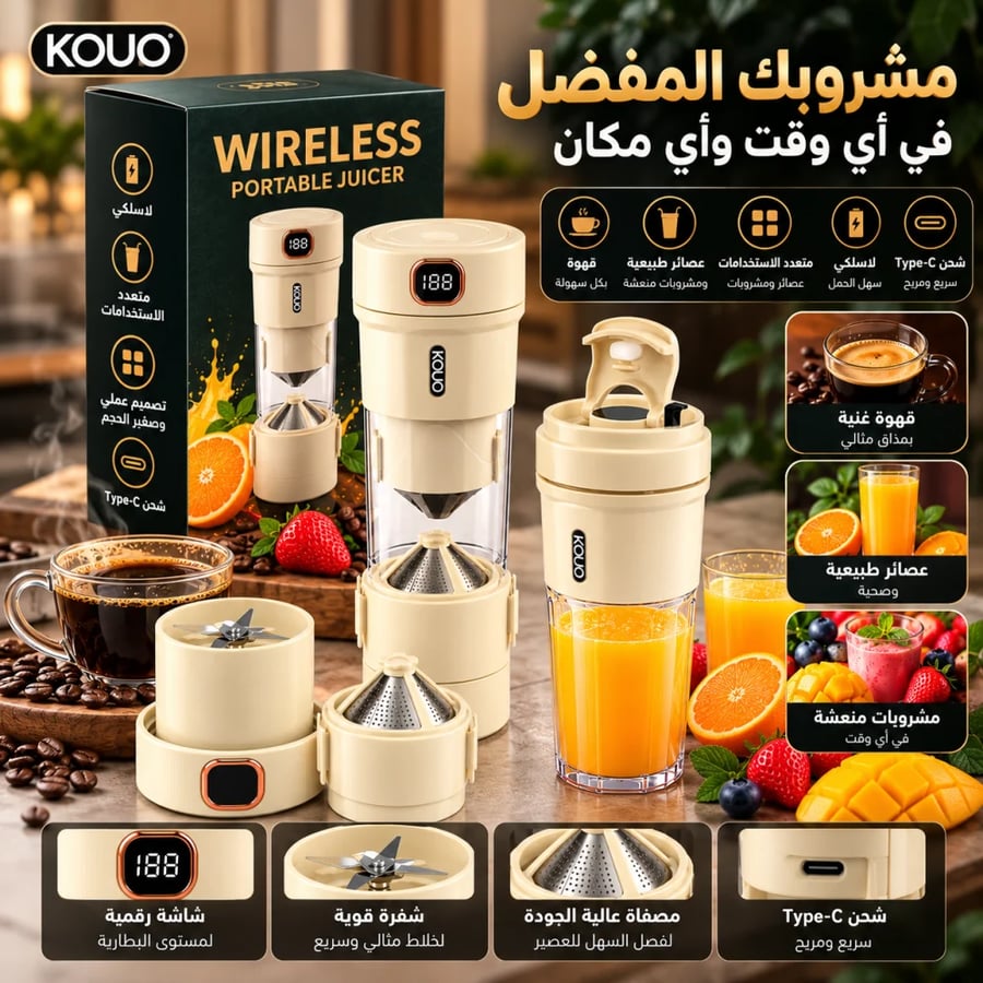 جهاز KOUO الذكي المحمول متعدد الاستخدامات لتحضير العصائر والقهوة – لاسلكي وقابل للشحن