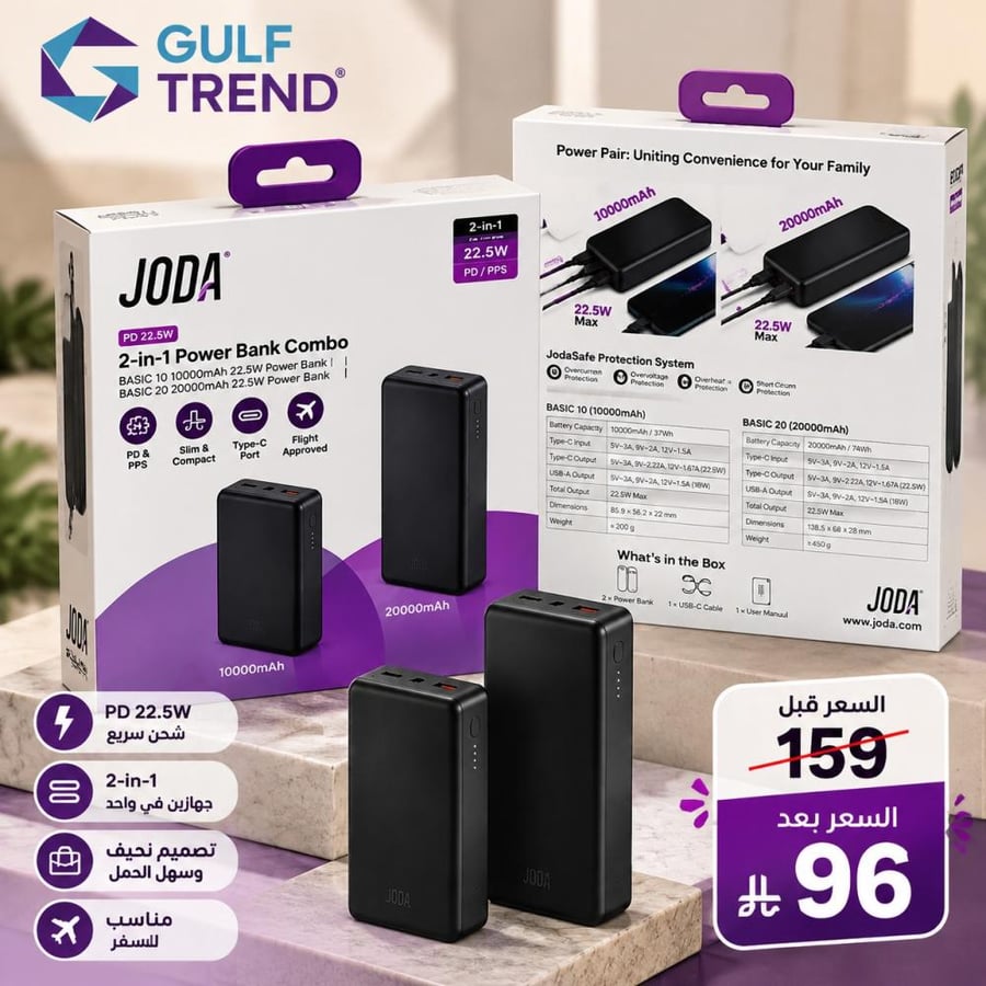 باور بانك JODA 2-in-1 بقوة 22.5W — 10,000mAh + 20,000mAh