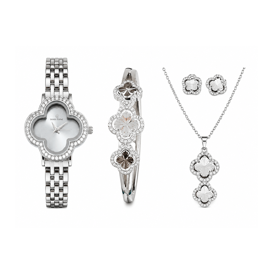 طقم نسائي SEEN TIME ساعة وإكسسوارات ستيل كوارتز فاخرة