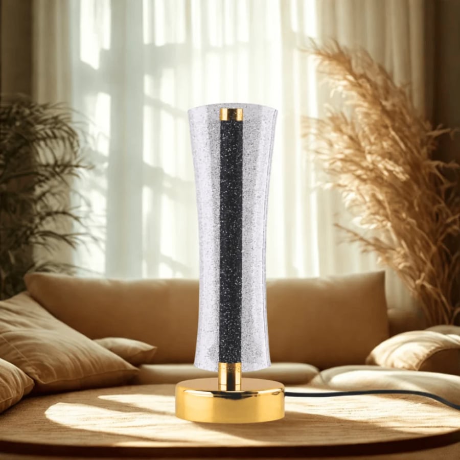 LED bedside lamp with gold base, operates on electricity, with on/off switch for 3 lights