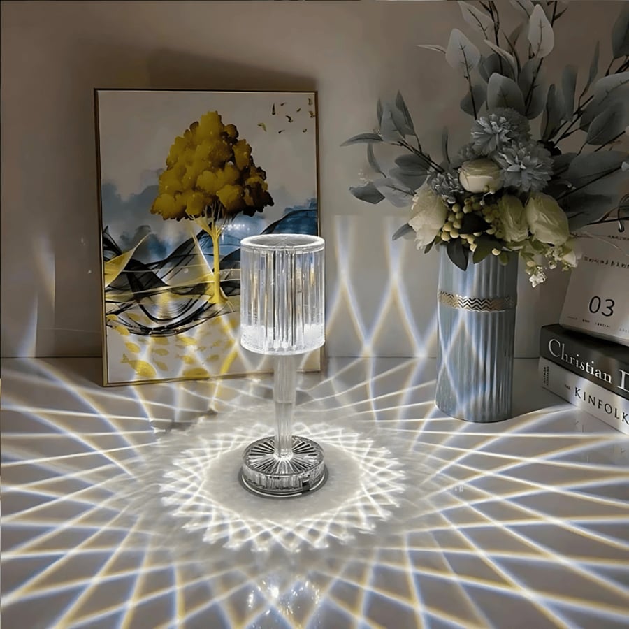 Acrylic crystal LED bedside lamp with touch control, three different lighting options, and adjustable brightness
