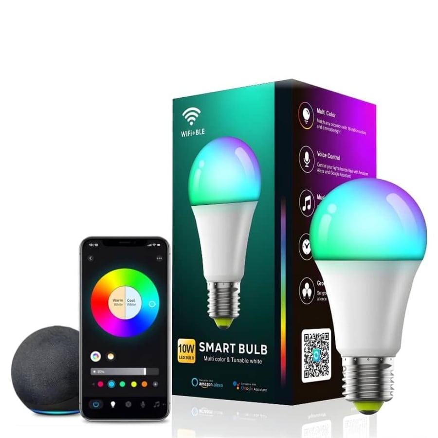 لمبة ليد LED ذكية بقدرة 10 واط - تدعم WiFi + Bluetooth مع إضاءة قابلة للتعتيم  بـ 16 مليون لون وإضاءة بيضاء متغيرة (RGB + CCT)