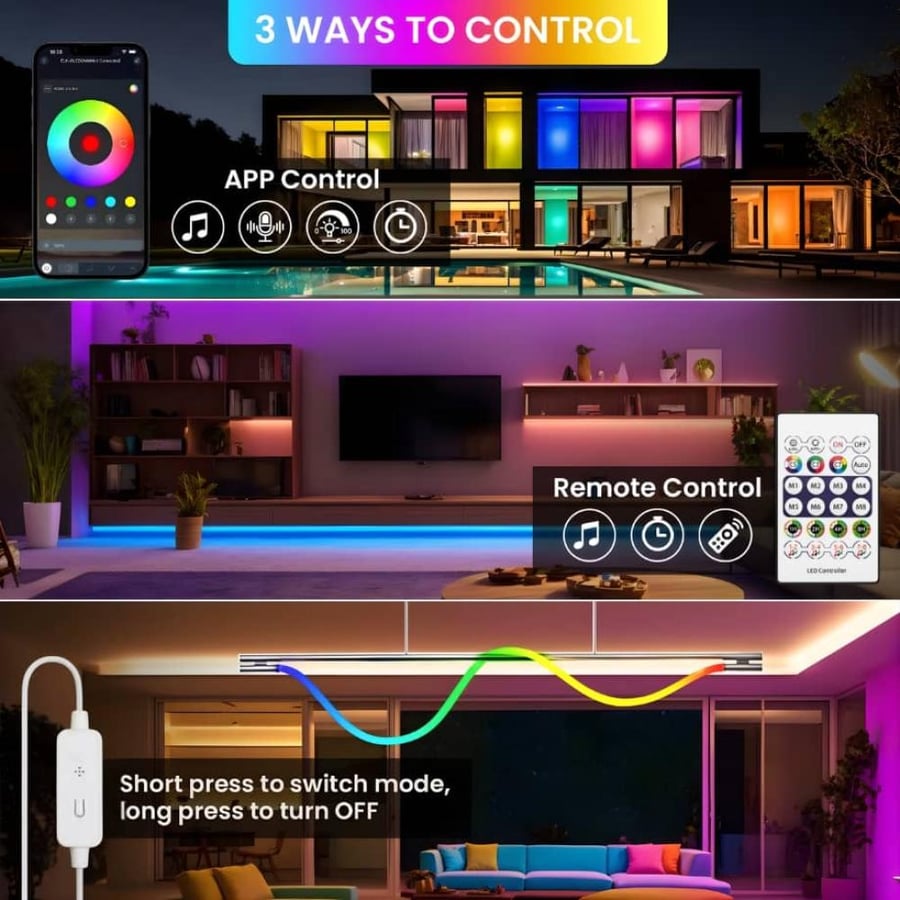 شريط زينة على شكل حبل يعمل بالـ USB بطول 5 متر RGB+IC مع ريموت تحكم مع امكانية التحكم عن طريق التطبيق