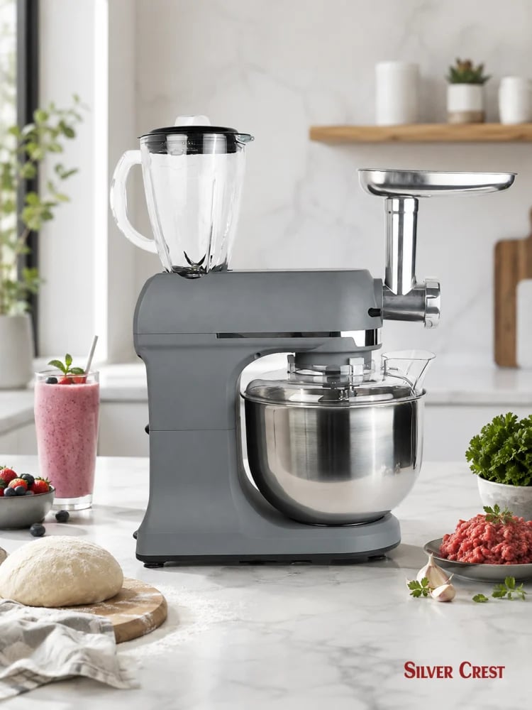 Multi-function food processor 1800 watt with powerful performance and professional 7-liter mixer with meat grinder and 1.5-liter glass blender with body and tools made of stainless steel resistant to rust for intensive daily use